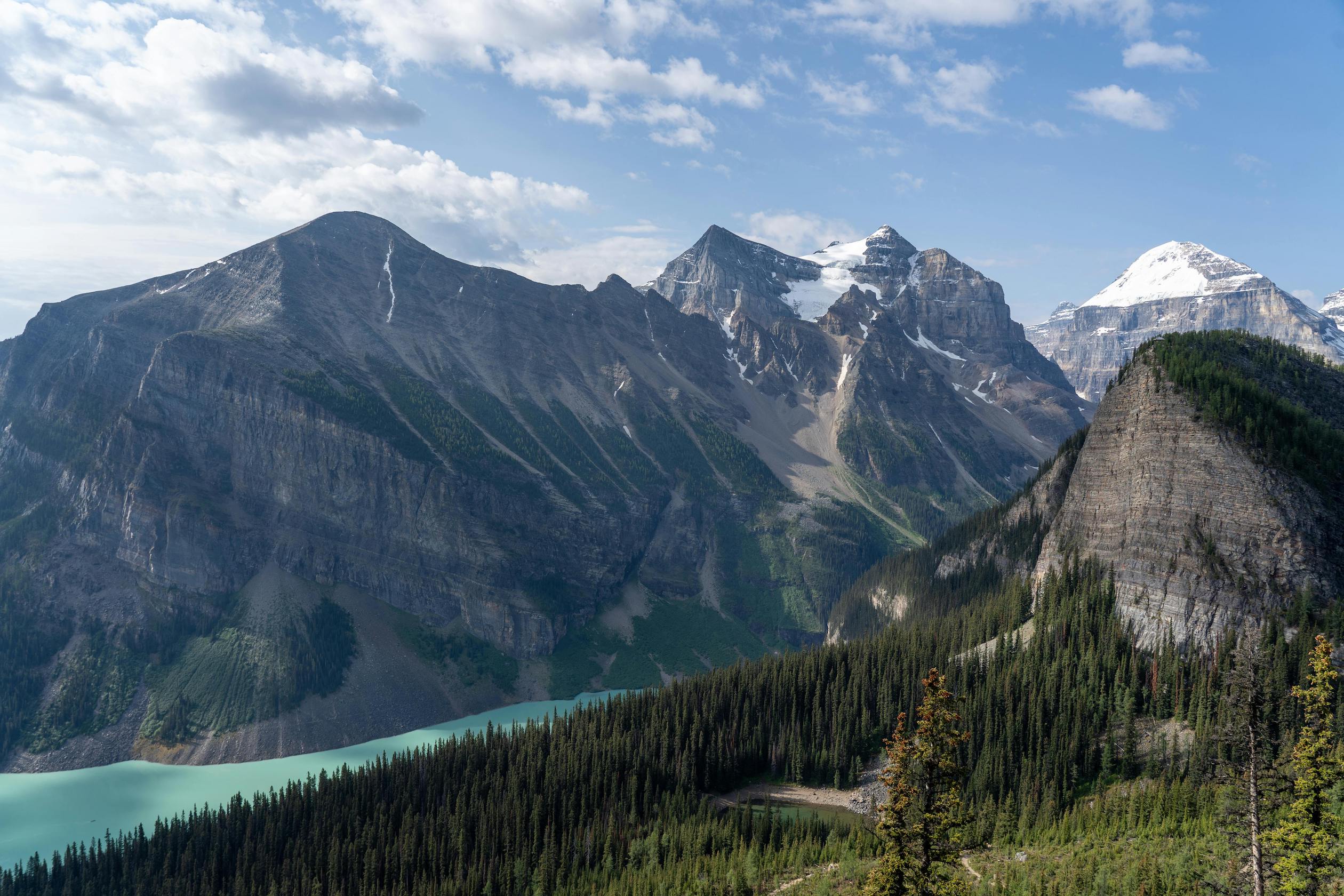 Sunny landscape of Rocky Mountains, with trees and river.